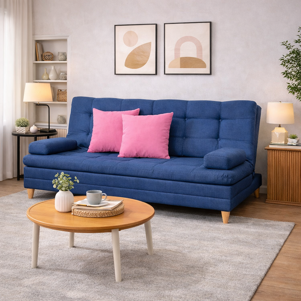 SofáCama Tous 3 Posiciones Tela Lino Azul + Cojines