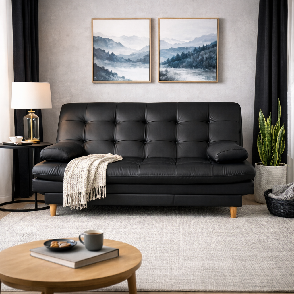 SofáCama Wook 3 Posiciones Sintético Tipo Cuero Negro