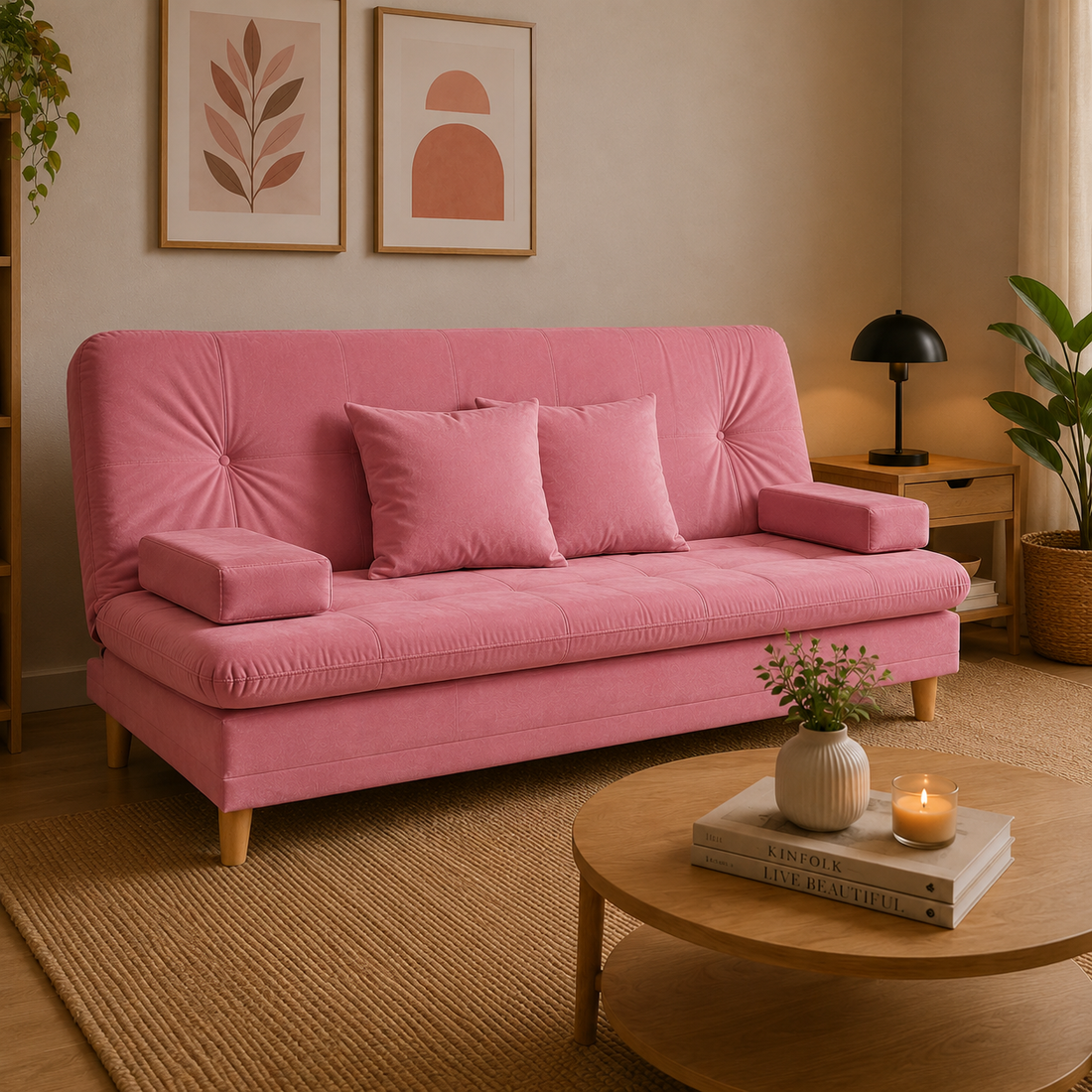 SofáCama Tous 3 Posiciones Tercio pelo Rosa + Cojines