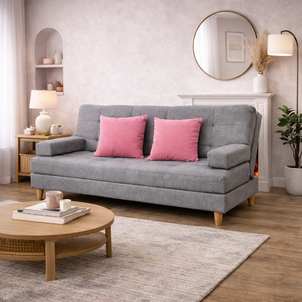 Sofácama Tous 3 Posiciones Tela Lino Gris + Cojines