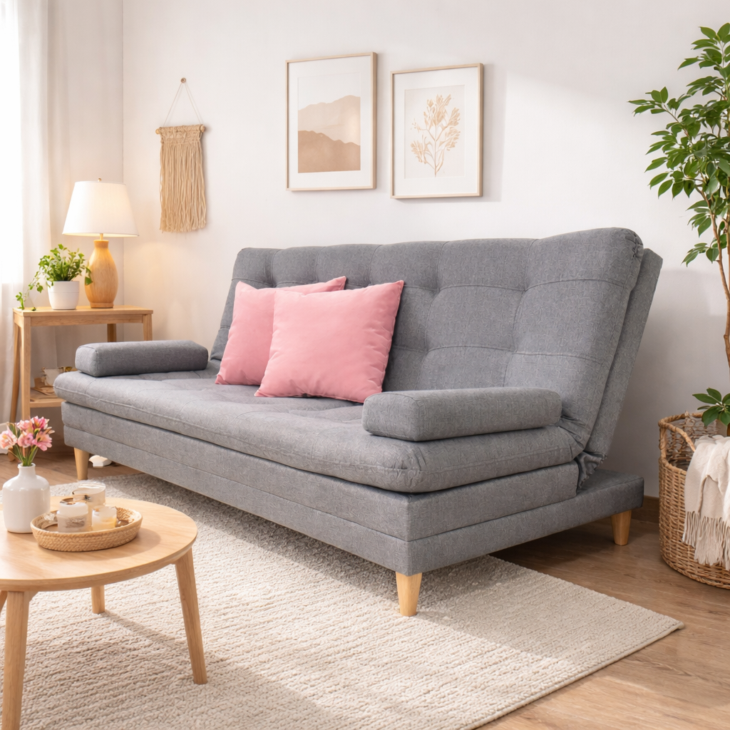 Sofácama Tous 3 Posiciones Tela Lino Gris + Cojines