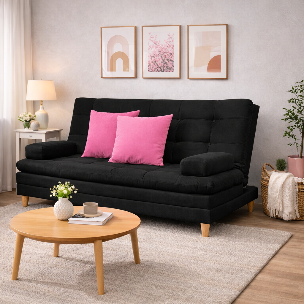 SofáCama Tous 3 Posiciones Tela Lino Negro + Cojines