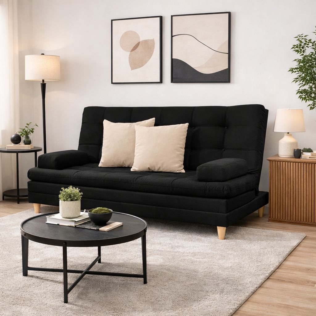 SofáCama Tous 3 Posiciones Tela Lino Negro + Cojines
