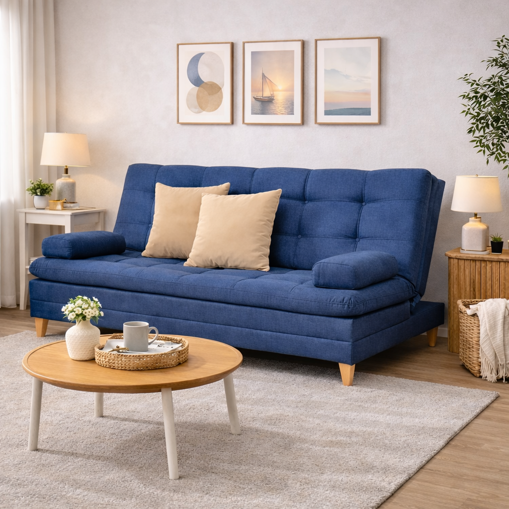 SofáCama Tous 3 Posiciones Tela Lino Azul + Cojines