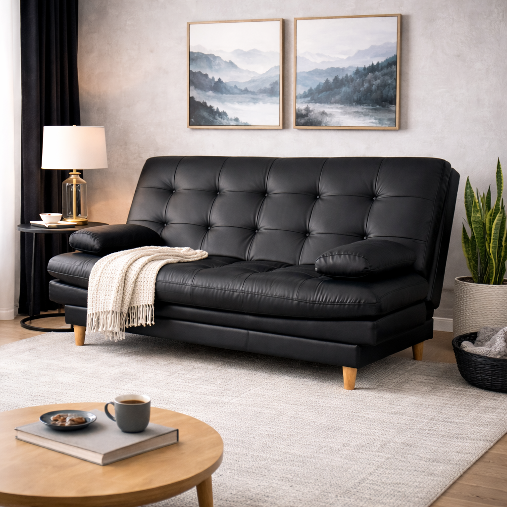 SofáCama Wook 3 Posiciones Sintético Tipo Cuero Negro