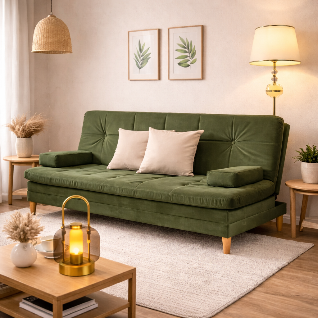 SofáCama Tous 3 Posiciones Tercio pelo Verde + Cojines