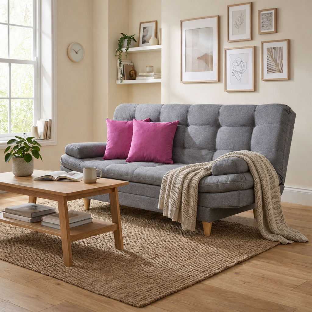 SofáCama Wook 3 Posiciones Tela Lino Gris + Cojines