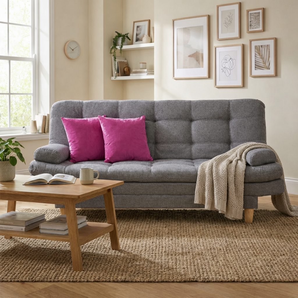 SofáCama Wook 3 Posiciones Tela Lino Gris + Cojines